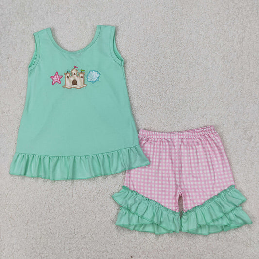 GSSO1983  Embroidery Baby Girls Castle Star Bows Tunic Ruffle Shorts Sets D 3.27