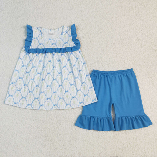 GSSO2004 Baby Girls Blue Bows Flowers Tunic Ruffle Shorts Sets