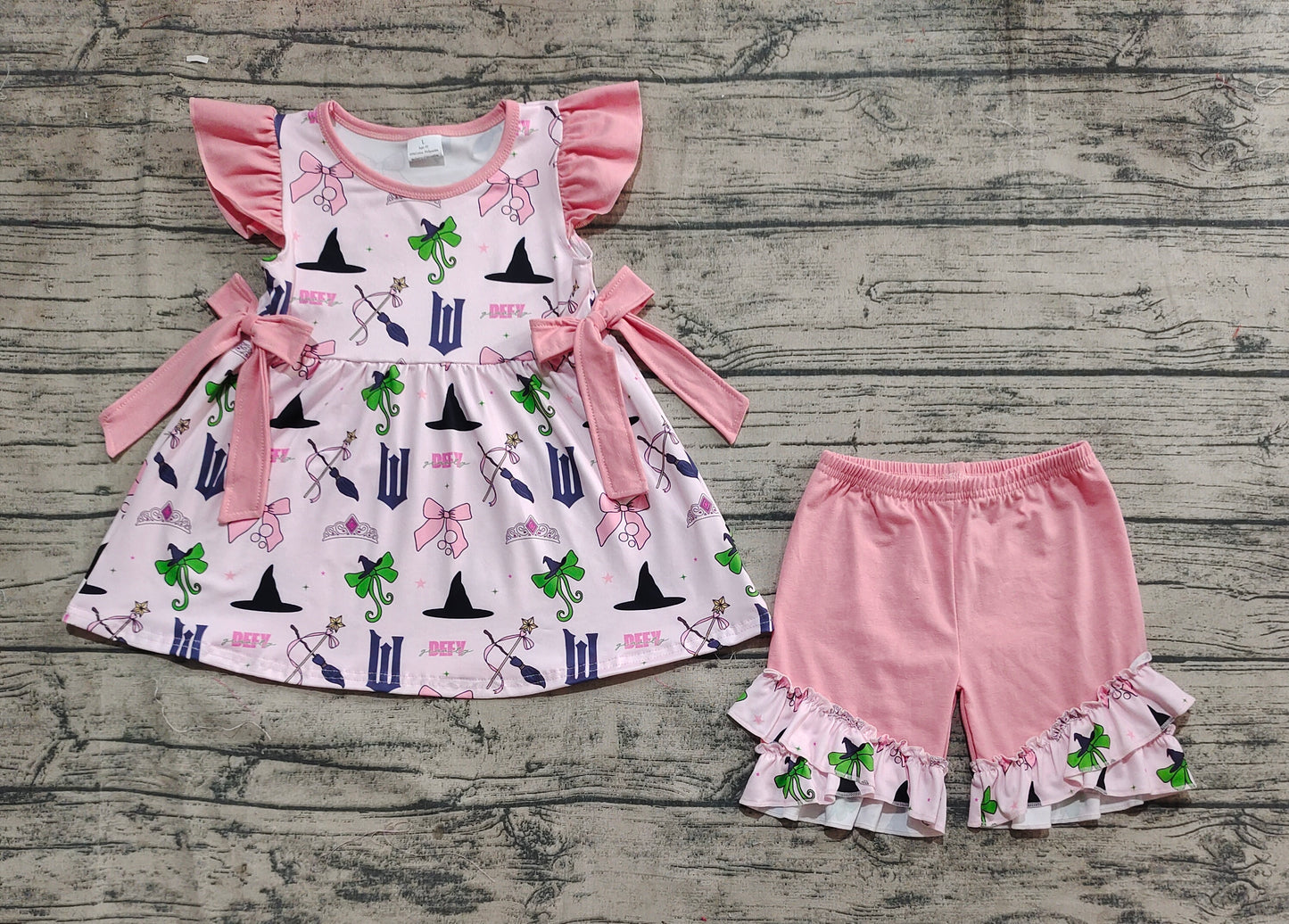 GSSO2006  Baby Girls Cartoon hat crown pink lace bow pattern flying sleeve shorts suit D 3.26