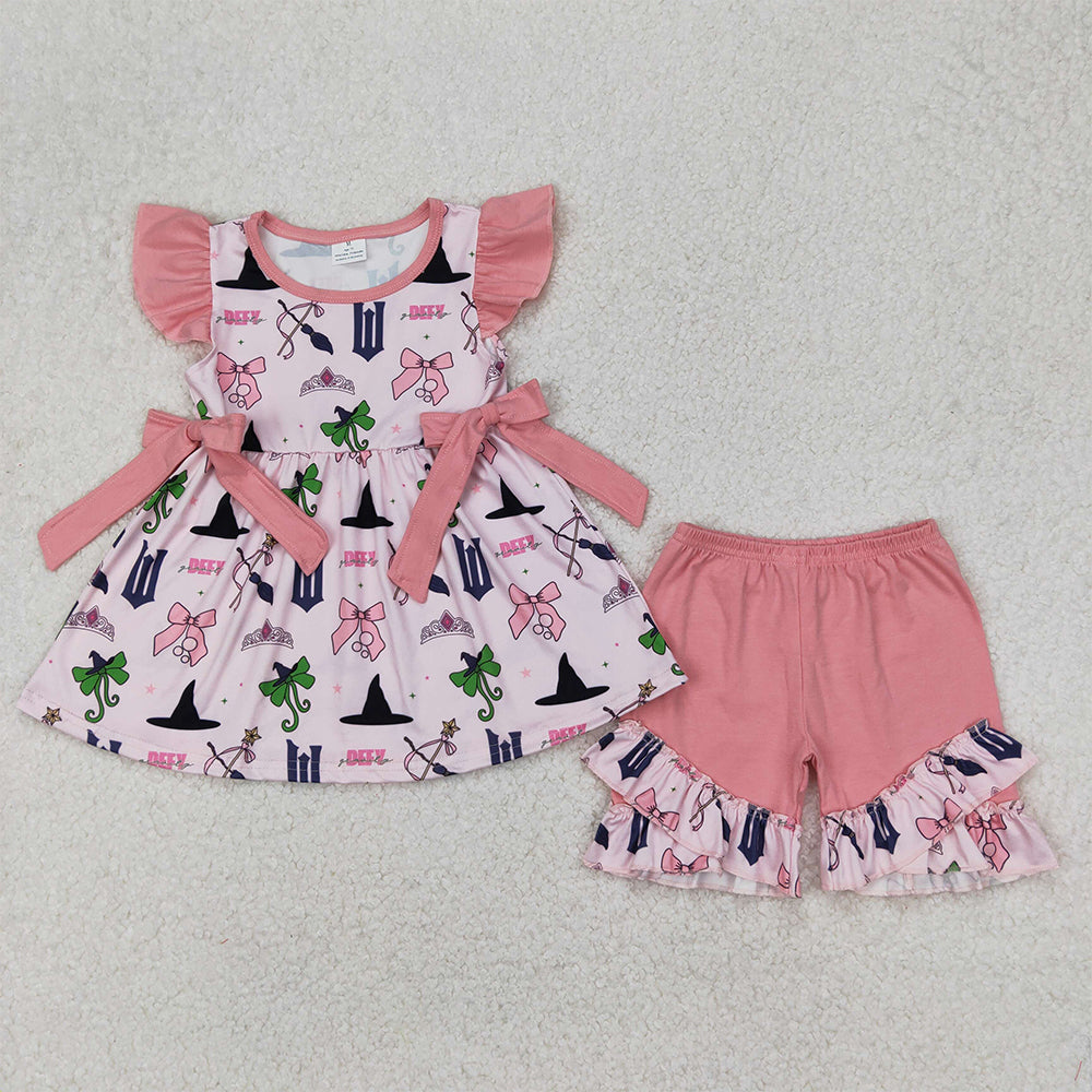 GSSO2006  Baby Girls Cartoon hat crown pink lace bow pattern flying sleeve shorts suit D 3.26