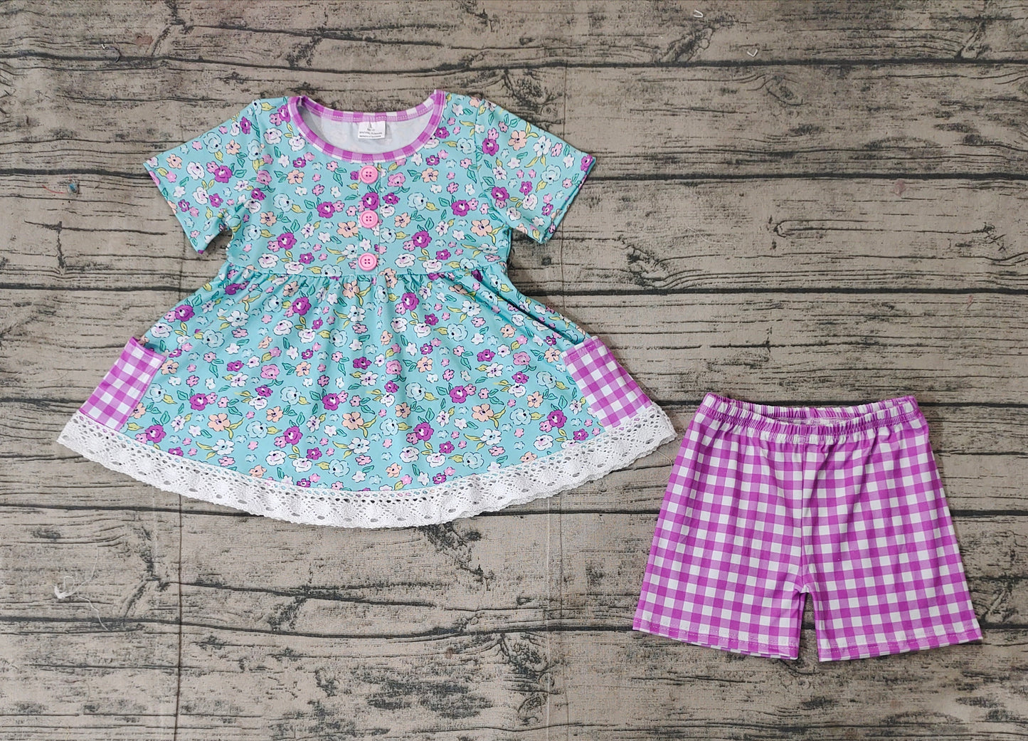 GSSO2011  Baby Girls Blue Flowers Pockets Tunic Shorts Clothes Sets