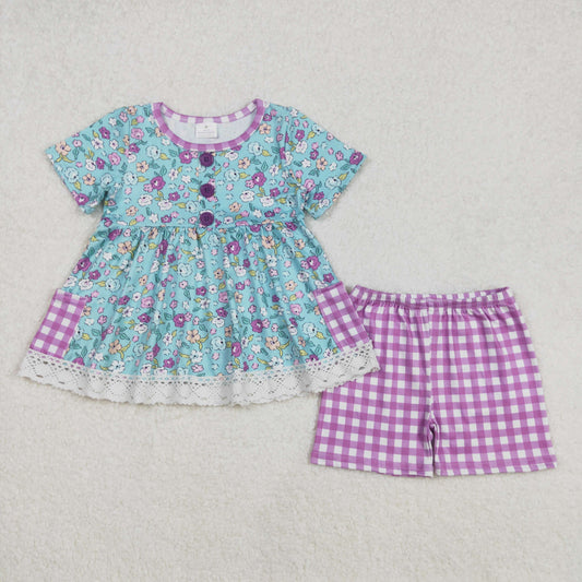 GSSO2011  Baby Girls Blue Flowers Pockets Tunic Shorts Clothes Sets