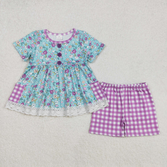 GSSO2011  Baby Girls Blue Flowers Pockets Tunic Shorts Clothes Sets