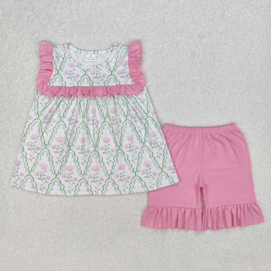 GSSO2013 Baby Girls Green Bows Pink Flowers Tunic Shorts Sets D 4.8