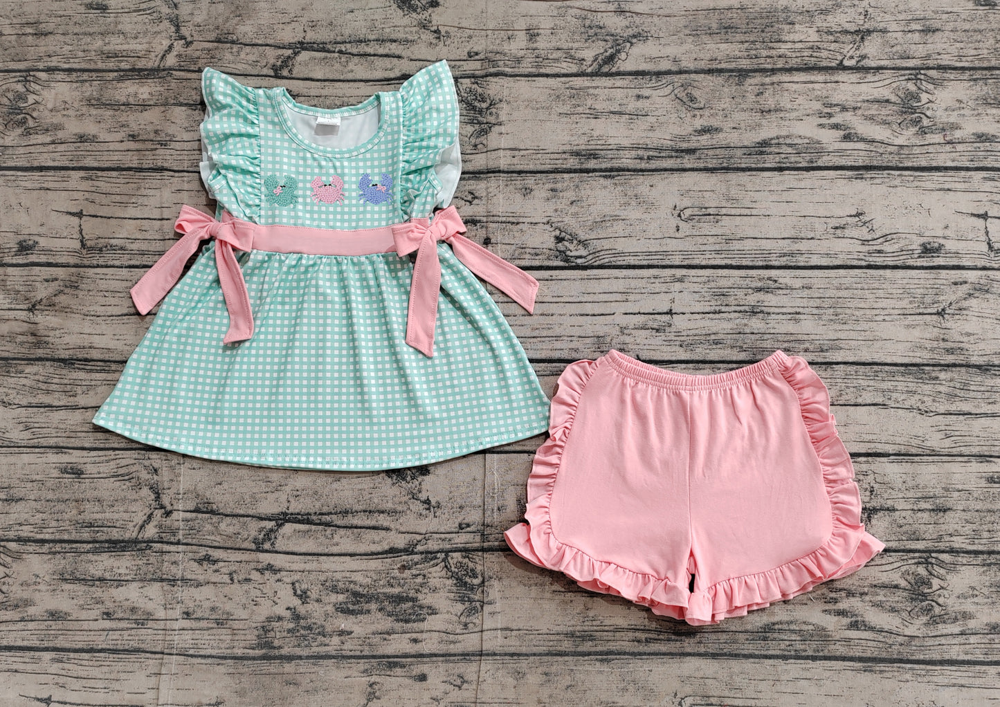GSSO2017 Embroidery Baby Girls Crabs Bows Tunic Ruffle Shorts Sets  D 3.27