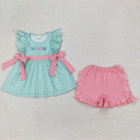 GSSO2017 Embroidery Baby Girls Crabs Bows Tunic Ruffle Shorts Sets  D 3.27