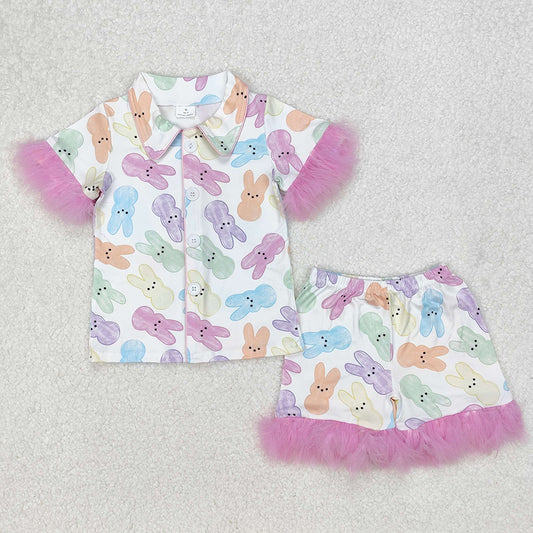GSSO2020 Baby Girls Easter Rabbits Fur Shirt Shorts Pajamas Clothes Sets  D 3.10