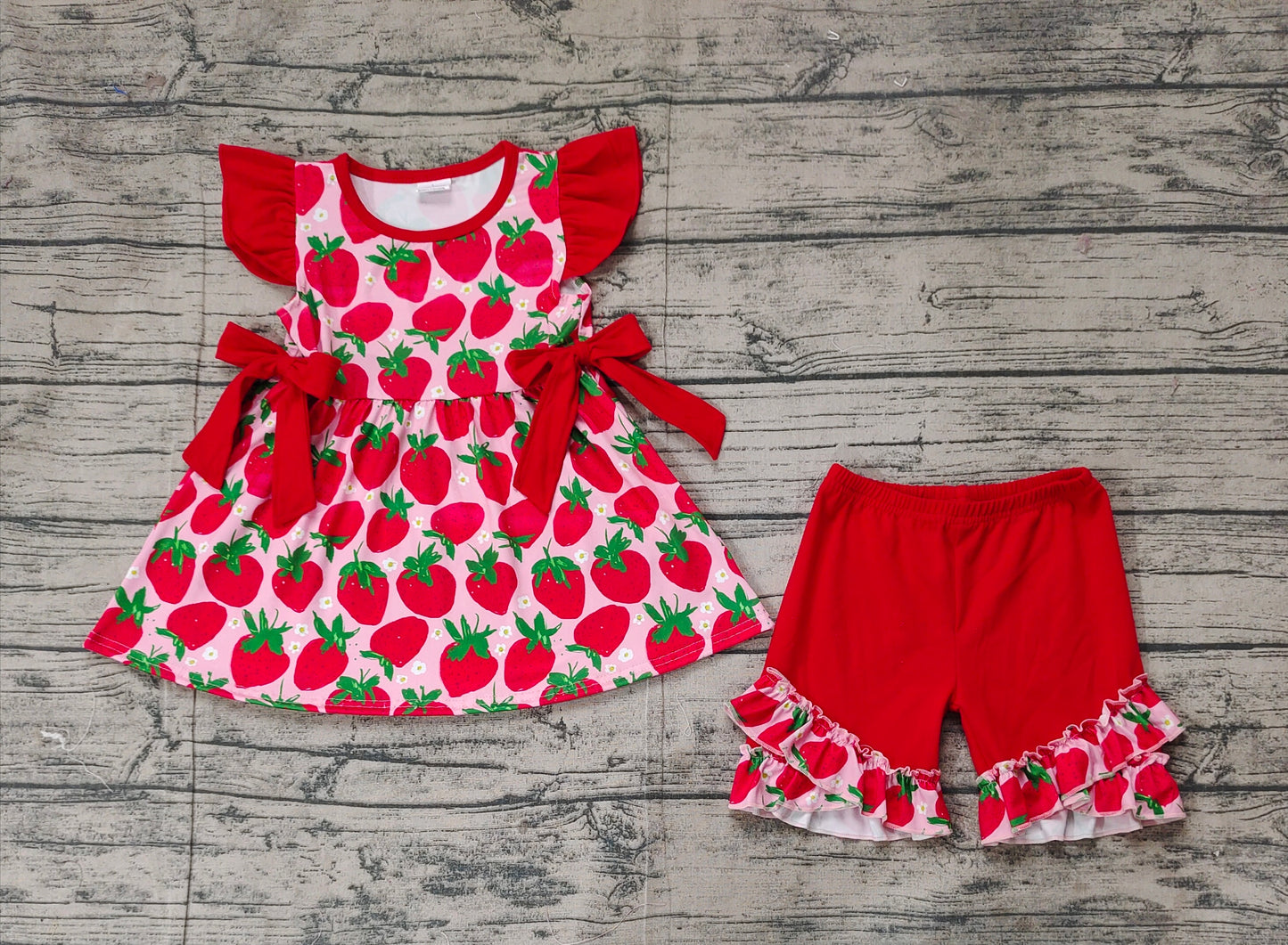 GSSO2023  Strawberry Flower Red Lace Bow Pink Fly Sleeve Shorts Set D 3.15
