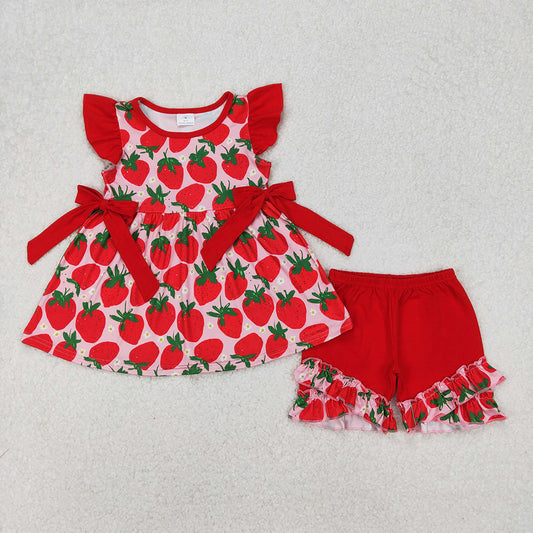 GSSO2023 Strawberry Flower Red Lace Bow Pink Fly Sleeve Shorts Set D 3.15