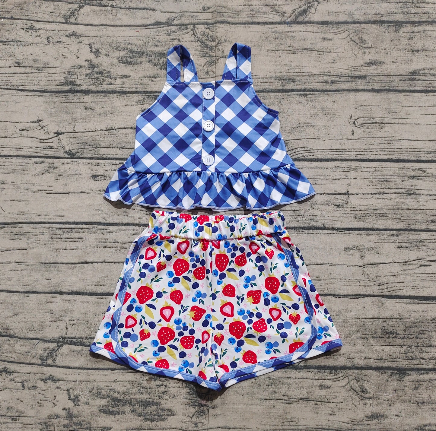 GSSO2025 Baby Girls Checkered Straps Tunic Fruits Shorts Sets   D 3.29