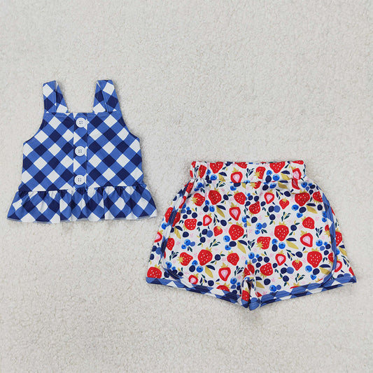 GSSO2025 Baby Girls Checkered Straps Tunic Fruits Shorts Sets D 3.29