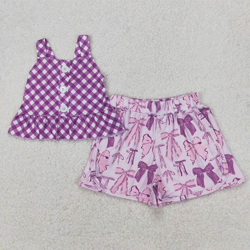 GSSO2035  Baby Girls Purple Checkered Straps Top Bows Shorts Clothes Sets  D 4.1
