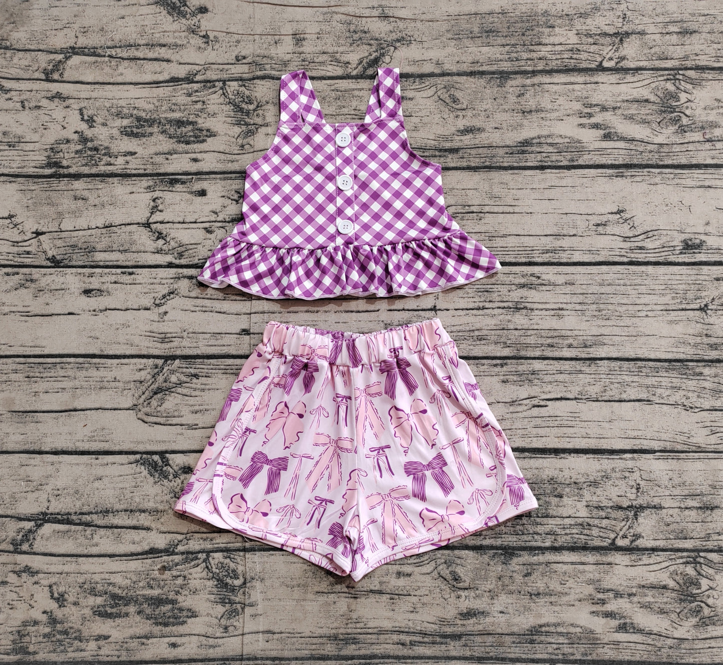 GSSO2035  Baby Girls Purple Checkered Straps Top Bows Shorts Clothes Sets  D 4.1
