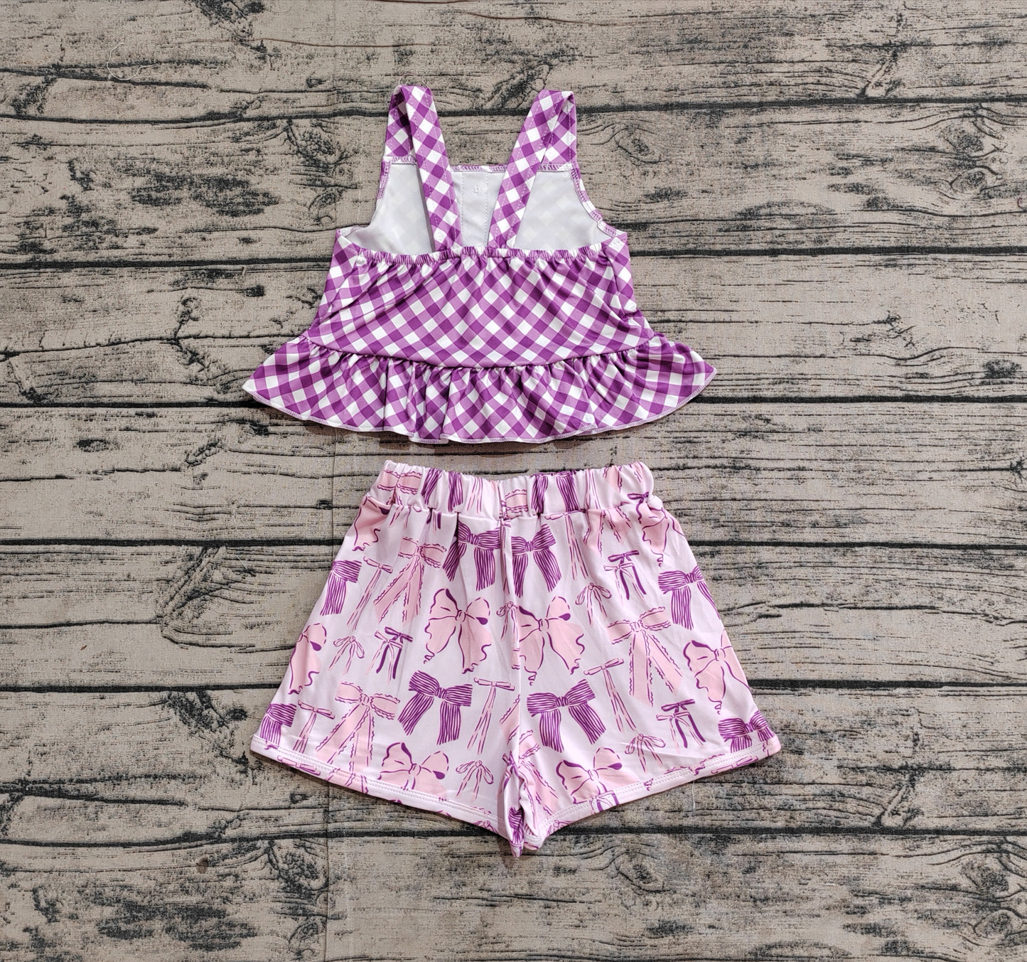 GSSO2035  Baby Girls Purple Checkered Straps Top Bows Shorts Clothes Sets  D 4.1