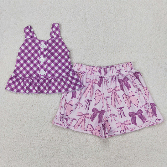 GSSO2035  Baby Girls Purple Checkered Straps Top Bows Shorts Clothes Sets  D 4.1