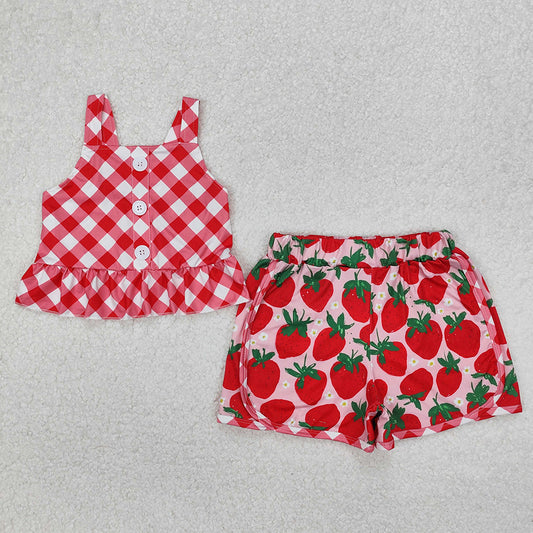 GSSO2037 Baby Girls Red Checkered Straps Top Strawberry Shorts Clothes Sets D 3.15
