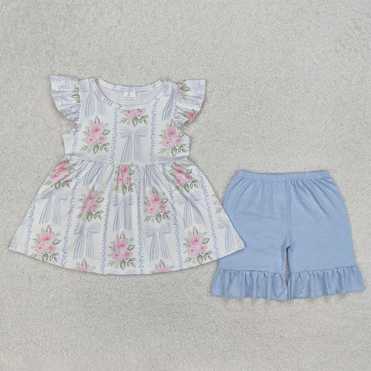 GSSO2052 Baby Girls Pink Flowers Bows Tunic Shorts Clothes Sets D 3.14