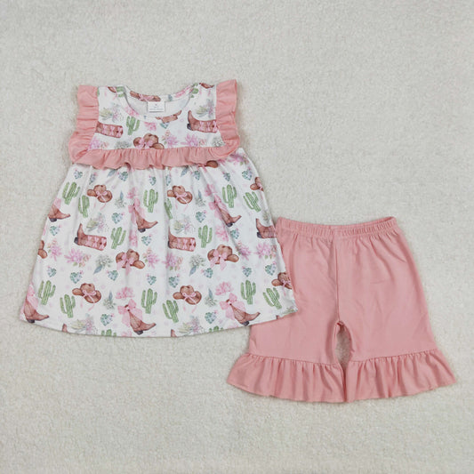 GSSO2066 Baby Girls Boots Castus Flowers Tunic Ruffle Shorts Sets  D 3.1