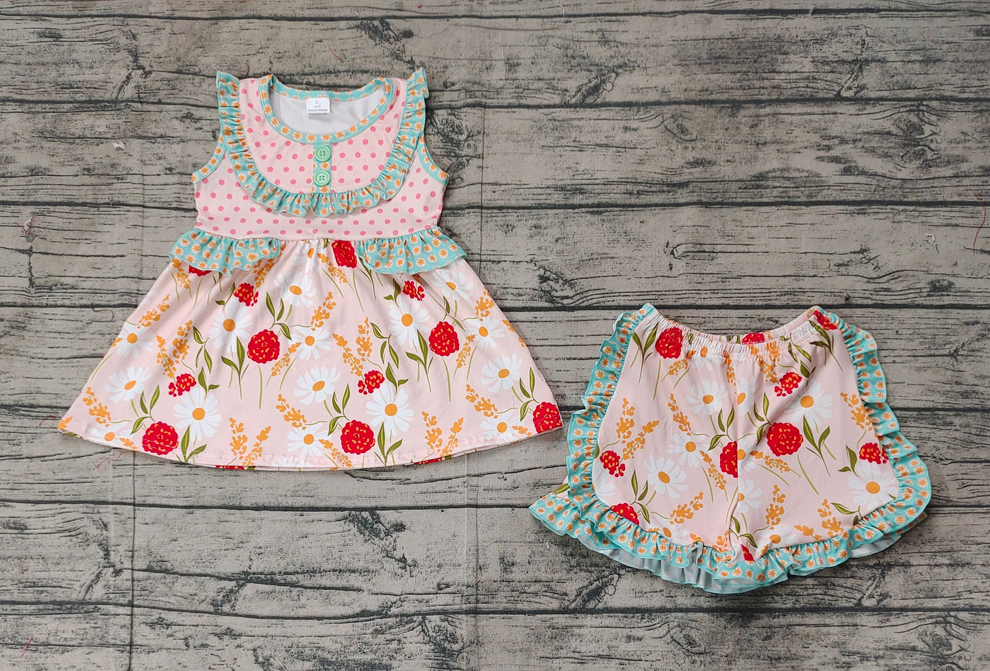 GSSO2067  Baby Girls Summer Polka Dots Flowers Tunic Ruffle Shorts Sets  D 3.10