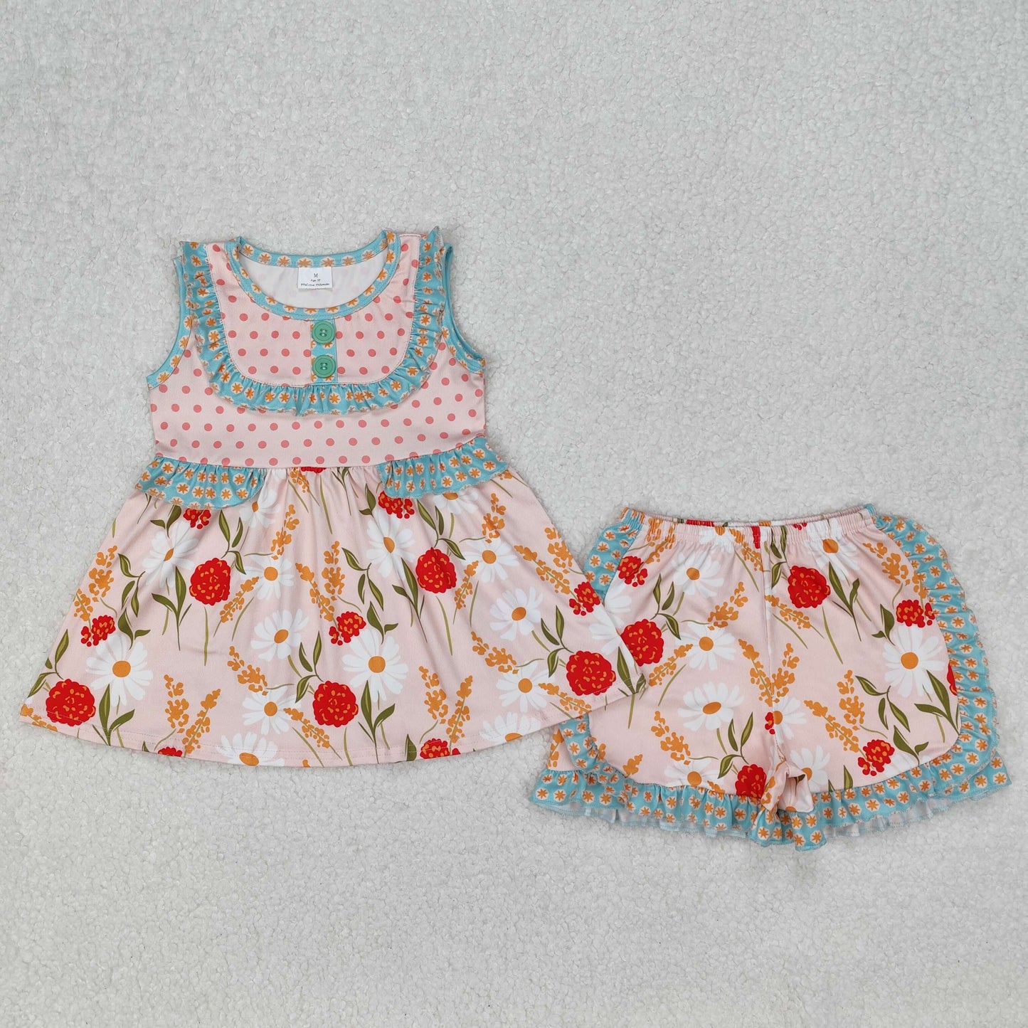 GSSO2067  Baby Girls Summer Polka Dots Flowers Tunic Ruffle Shorts Sets  D 3.10