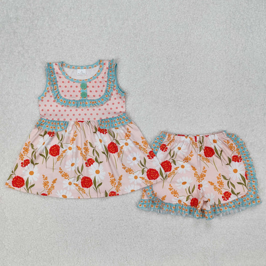 GSSO2067  Baby Girls Summer Polka Dots Flowers Tunic Ruffle Shorts Sets  D 3.10