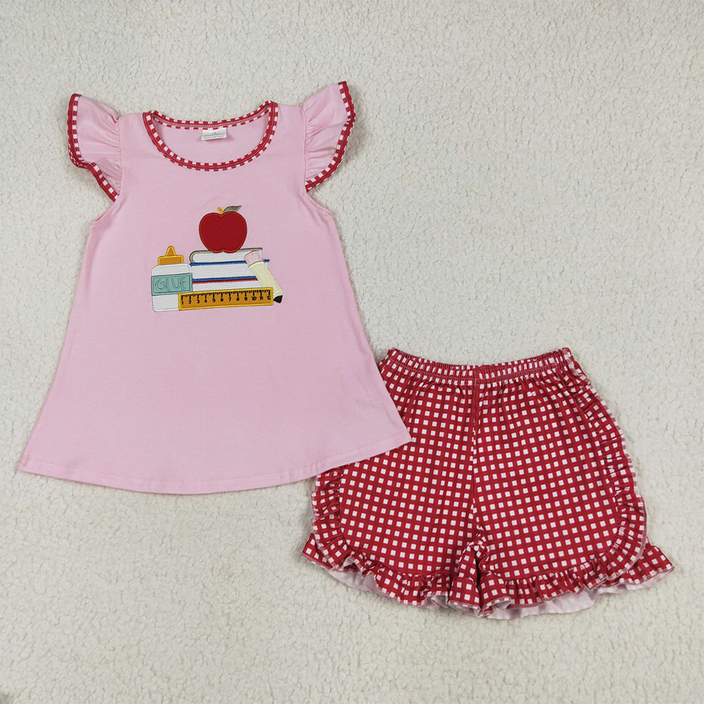 GSSO2069 Embroidery Baby Girls Apple Back To School Books Tunic Ruffle Shorts Sets D 6.13