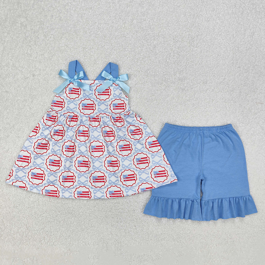 GSSO2074 Baby Girls Blue Bows Flag Top Ruffle Shorts Clothes Sets D 3.13