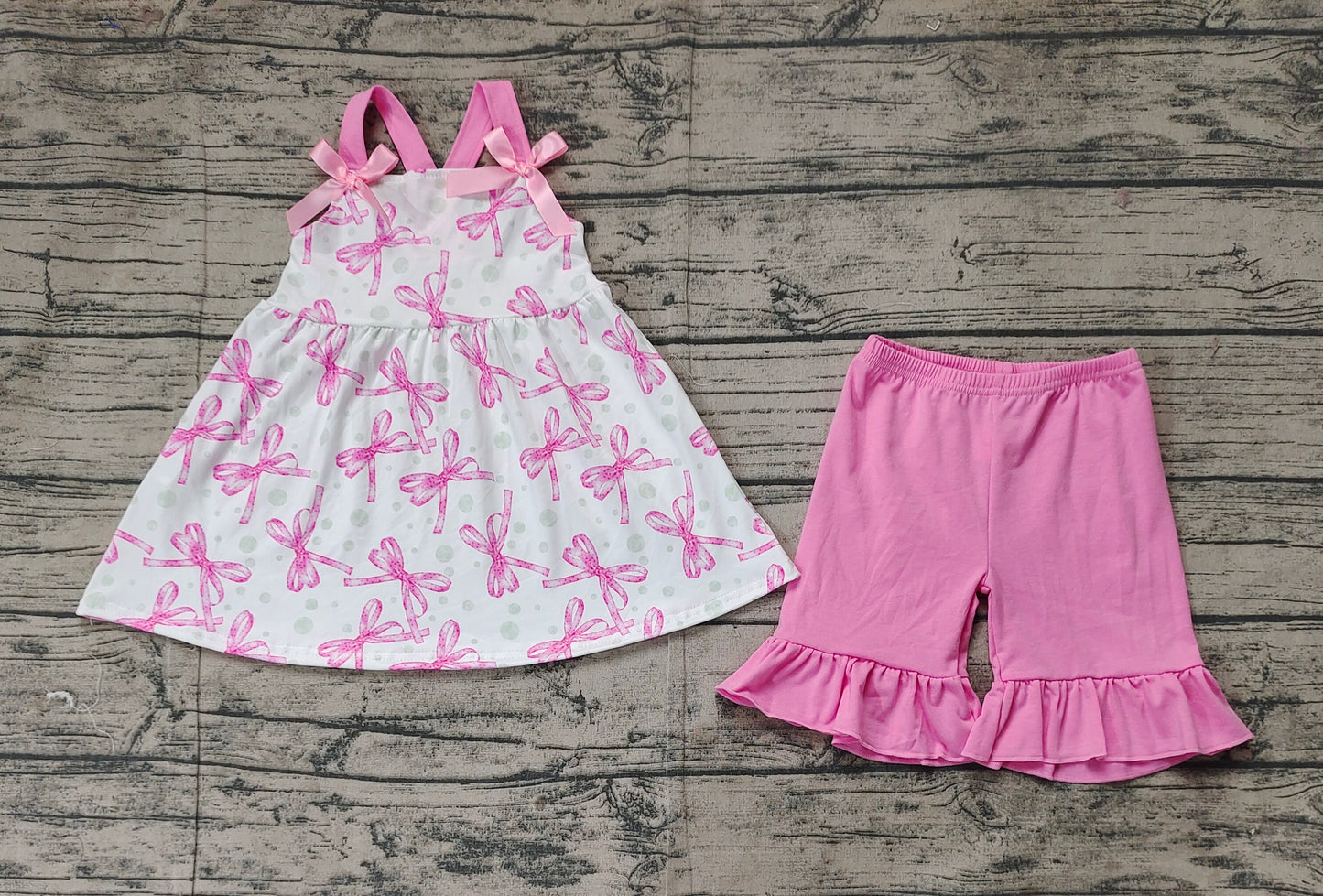 GSSO2075  Baby Girls Pink Bows Straps Top Ruffle Shorts Clothes Sets D 3.6