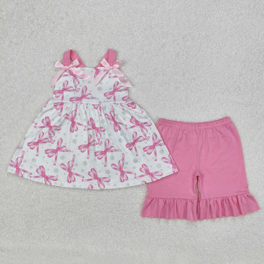 GSSO2075  Baby Girls Pink Bows Straps Top Ruffle Shorts Clothes Sets D 3.6