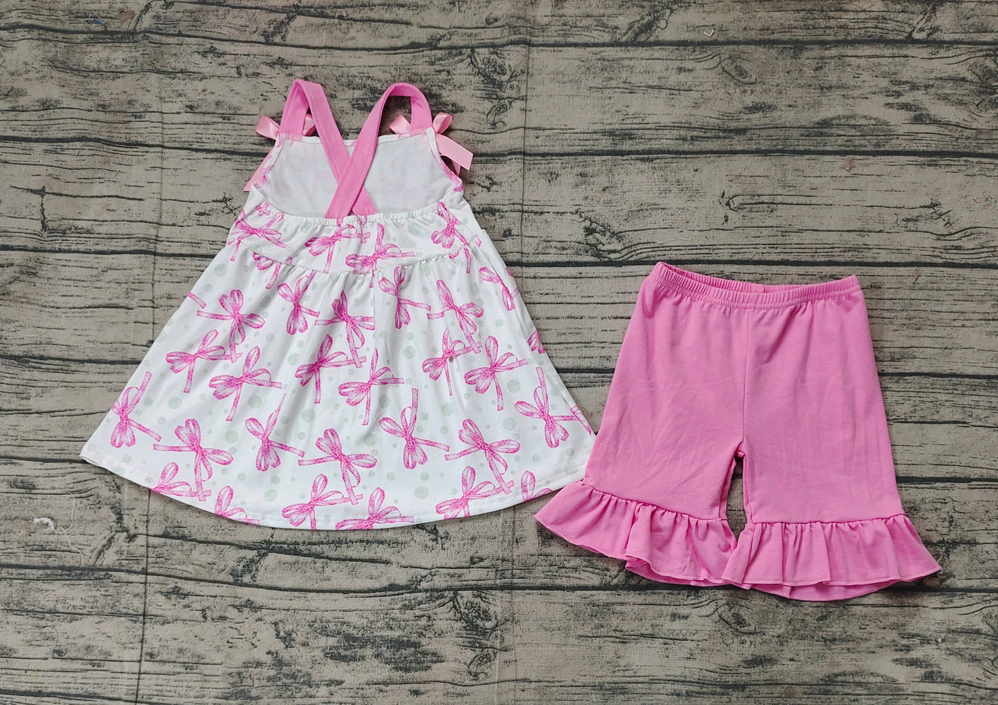 GSSO2075  Baby Girls Pink Bows Straps Top Ruffle Shorts Clothes Sets D 3.6
