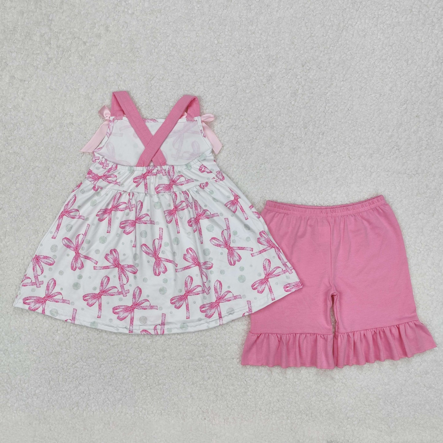 GSSO2075  Baby Girls Pink Bows Straps Top Ruffle Shorts Clothes Sets D 3.6