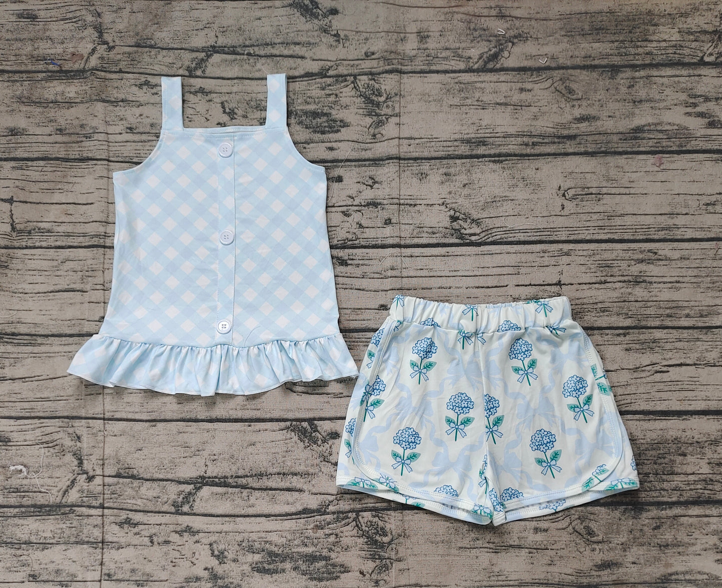 GSSO2078  Baby Girls Blue Checkered Straps Top Flowers Shorts Clothes Sets  D 3.10