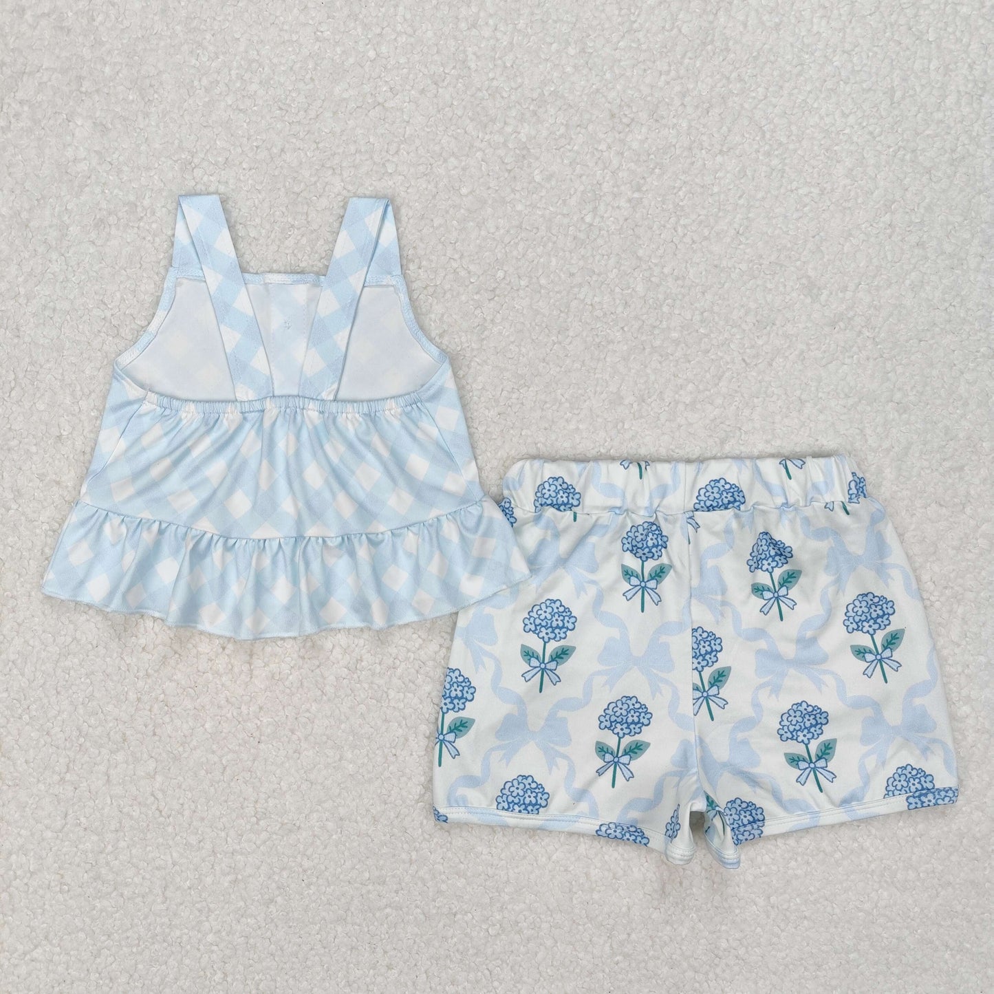 GSSO2078  Baby Girls Blue Checkered Straps Top Flowers Shorts Clothes Sets  D 3.10