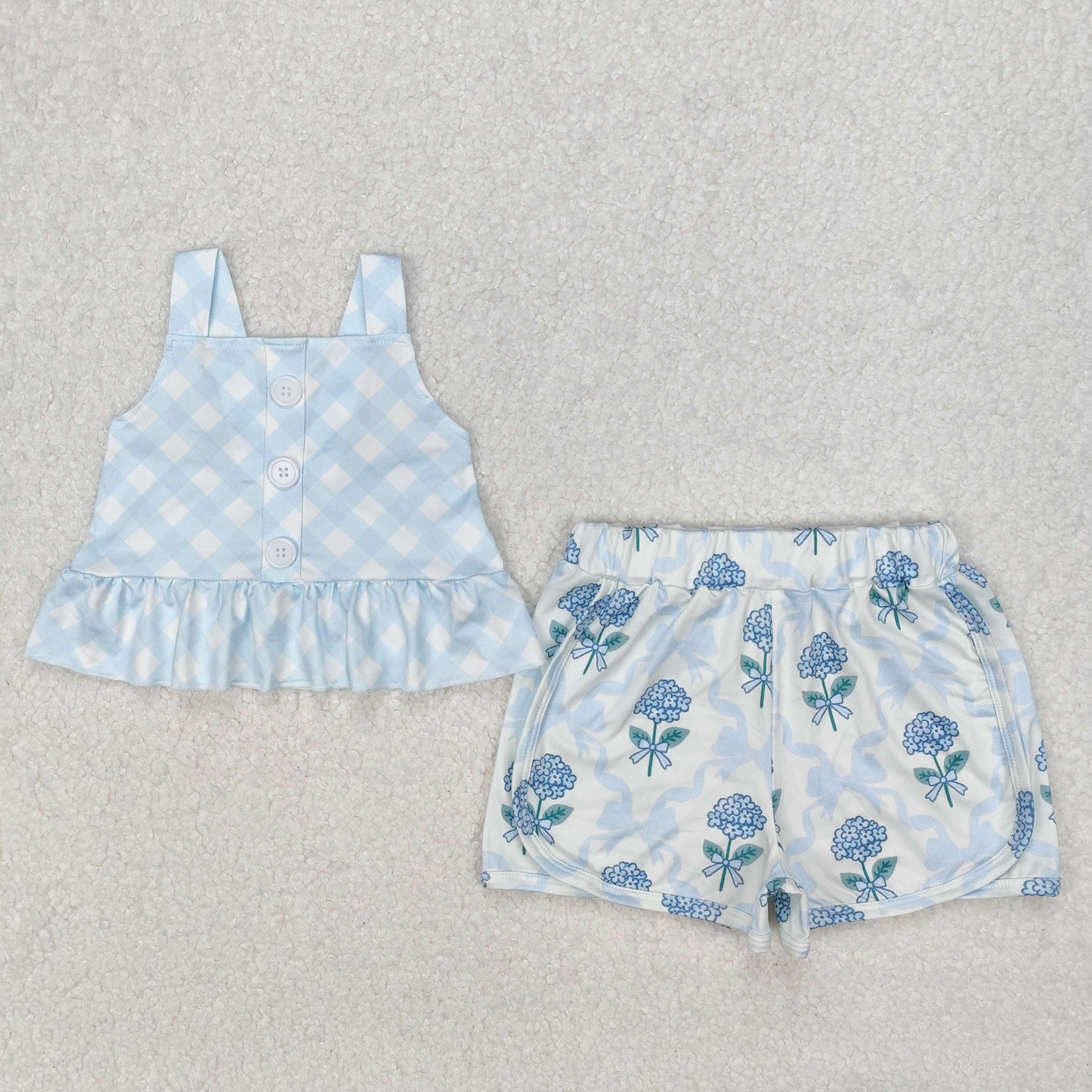 GSSO2078  Baby Girls Blue Checkered Straps Top Flowers Shorts Clothes Sets  D 3.10