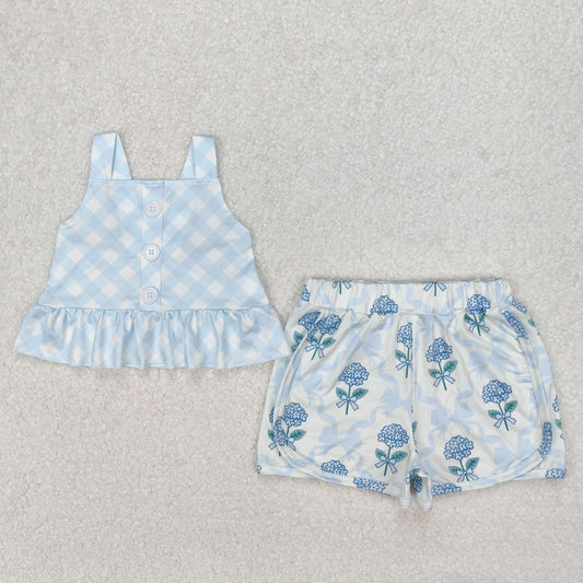 GSSO2078 Baby Girls Blue Checkered Straps Top Flowers Shorts Clothes Sets D 3.10