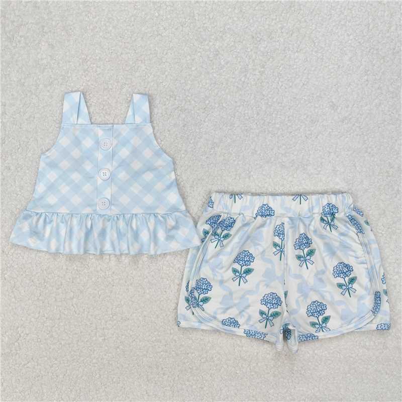 Match Baby Girls Blue Checkered Straps Top Flowers Set  D 3.15