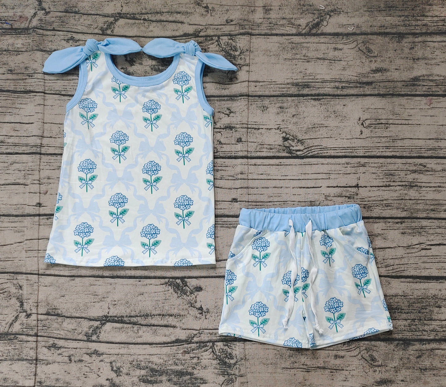 GSSO2079  Baby Girls Blue Flowers Bows Top Shorts Clothes Set D 3.10