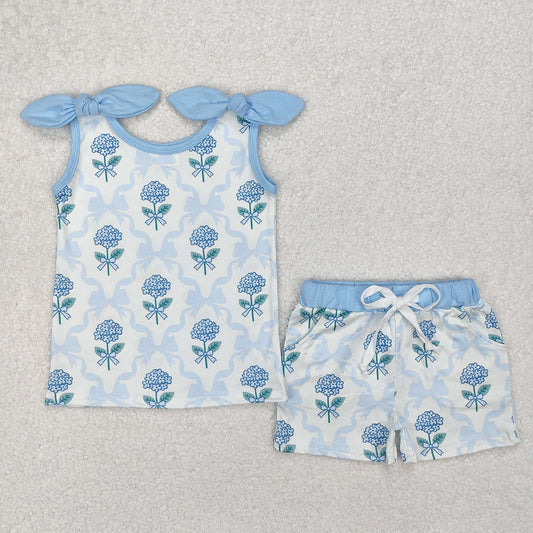 GSSO2079  Baby Girls Blue Flowers Bows Top Shorts Clothes Set D 3.10