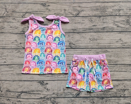 presale GSSO2085 Baby Girls Rainbow Colorful Bow Top Shorts Clothes Sets D 3.12