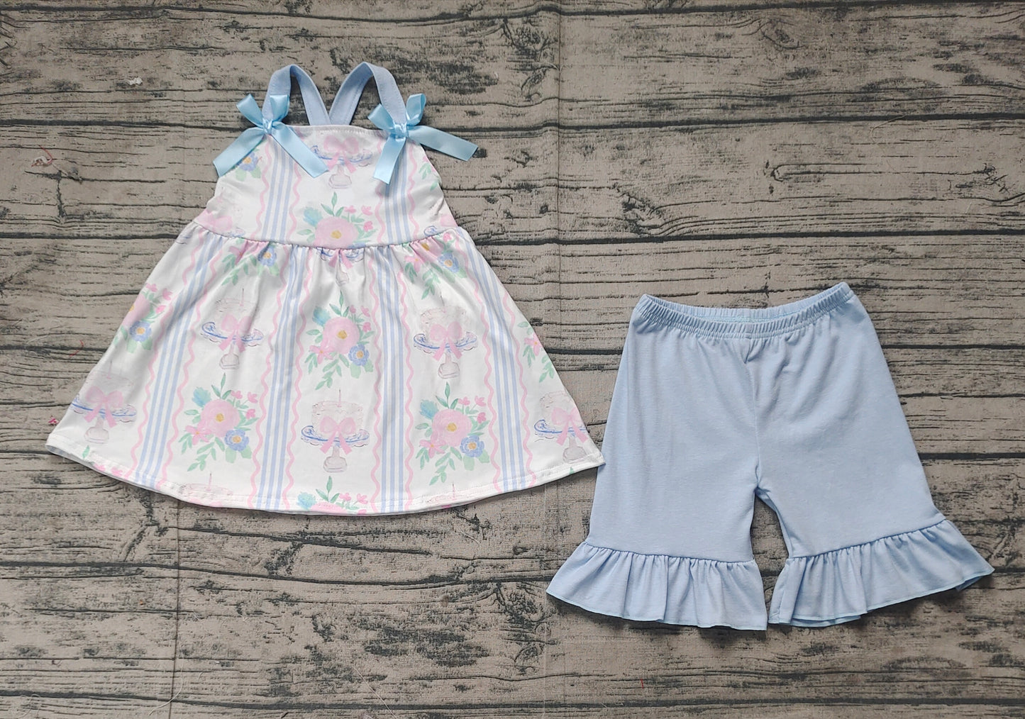 GSSO2087 Baby Girls Flowers Cakes Straps Bows Top Shorts Clothes Sets   D 3.10