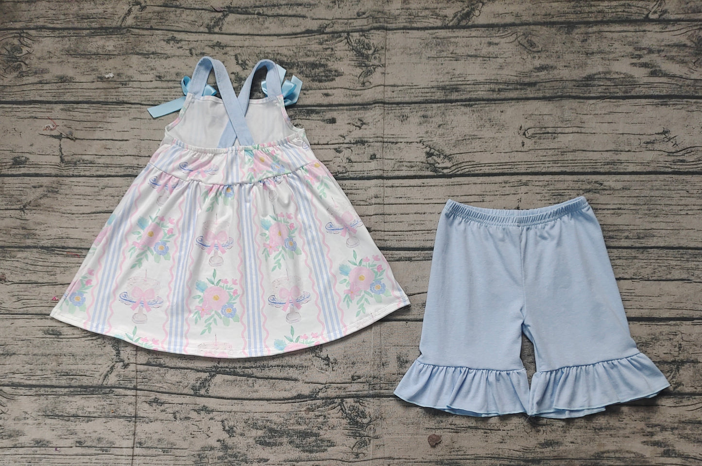 GSSO2087 Baby Girls Flowers Cakes Straps Bows Top Shorts Clothes Sets   D 3.10