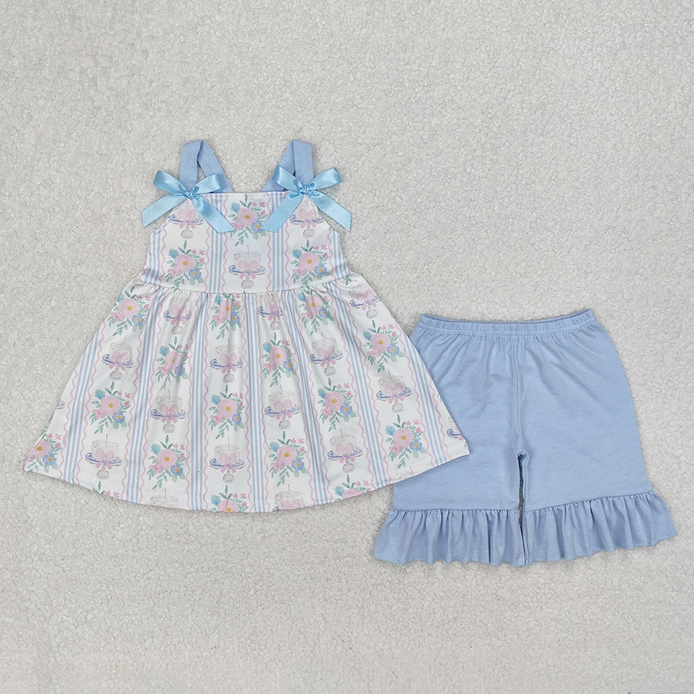 GSSO2087 Baby Girls Flowers Cakes Straps Bows Top Shorts Clothes Sets   D 3.10