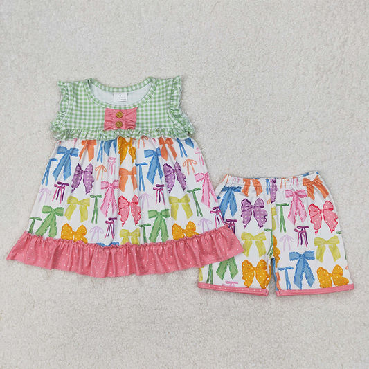 GSSO2089  Baby Girls Colorful Bows Tunic Top Ruffle Shorts Clothes Sets  D 3.26