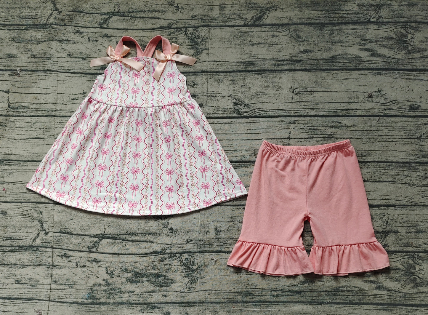 GSSO2094  Baby Girls Pink Flowers Bows Tunic Top Ruffle Shorts Clothes Sets  D 3.6