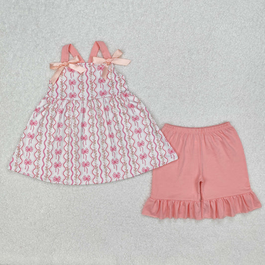 GSSO2094  Baby Girls Pink Flowers Bows Tunic Top Ruffle Shorts Clothes Sets  D 3.6