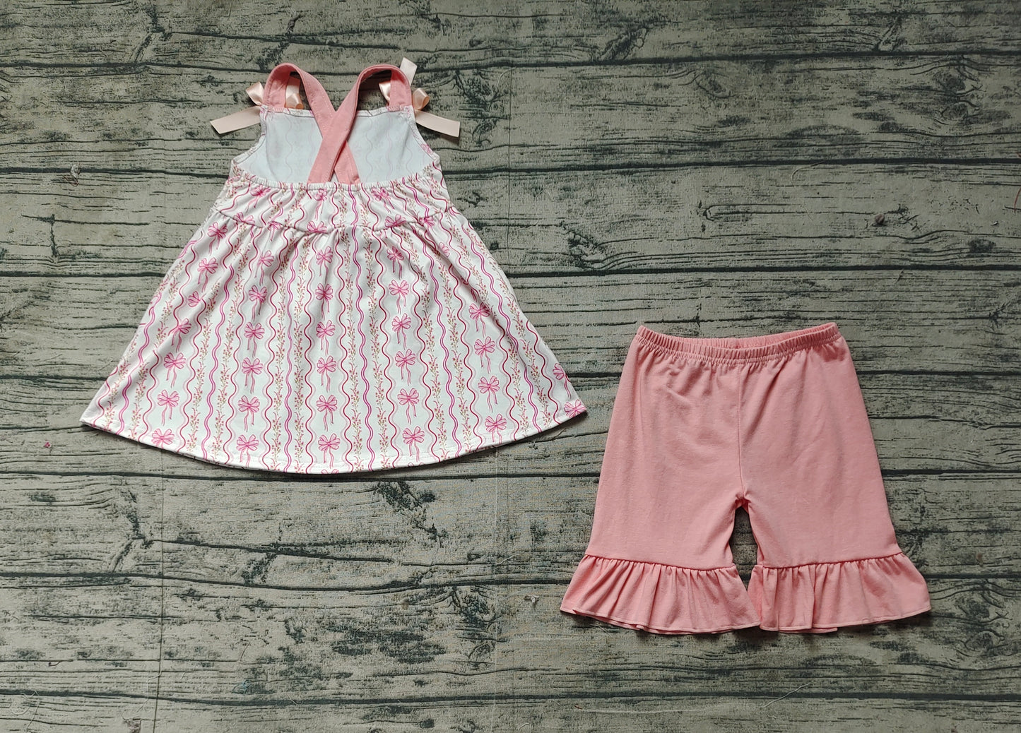 GSSO2094  Baby Girls Pink Flowers Bows Tunic Top Ruffle Shorts Clothes Sets  D 3.6