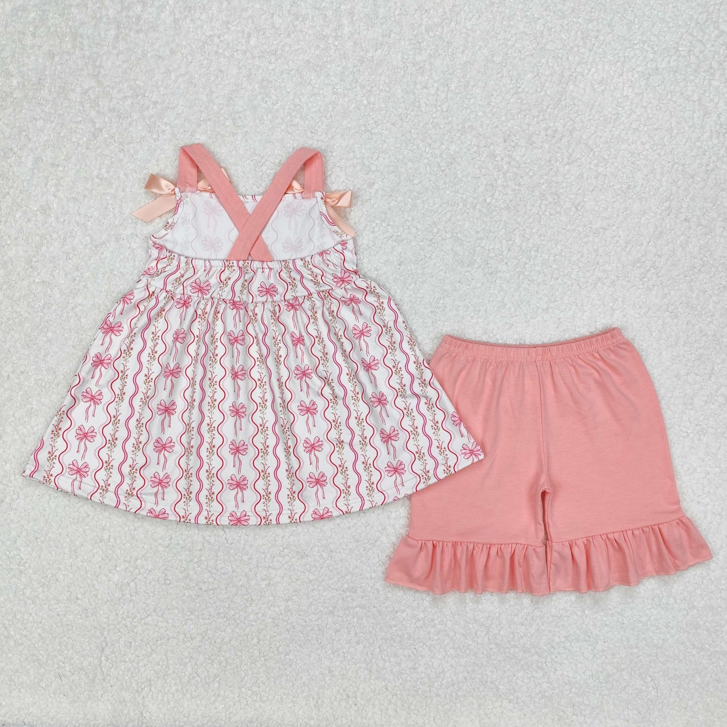 GSSO2094  Baby Girls Pink Flowers Bows Tunic Top Ruffle Shorts Clothes Sets  D 3.6