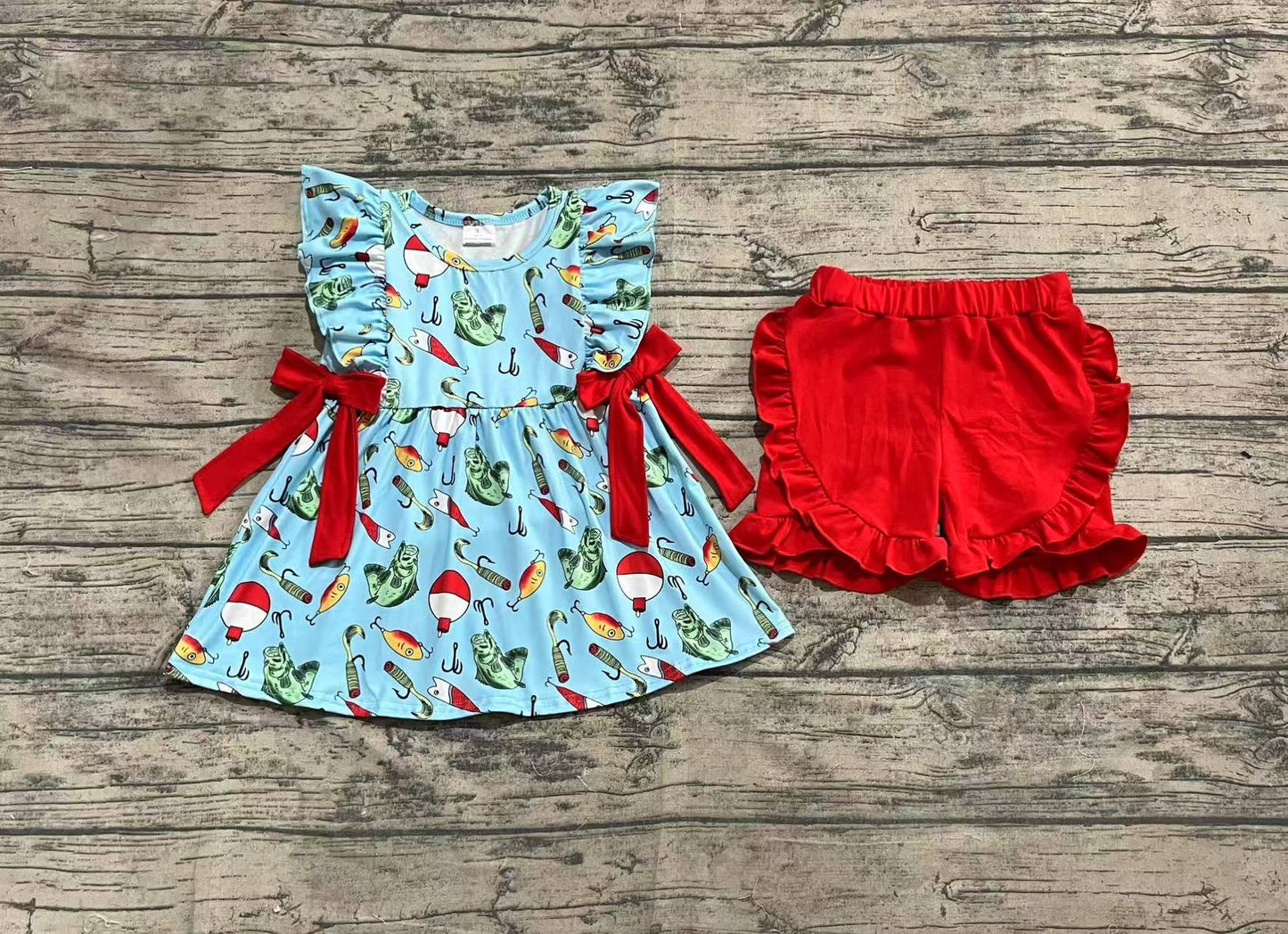 GSSO2097  Baby Girls Fishing Float Bows Tunic Top Ruffle Shorts Clothes Sets  D 3.22