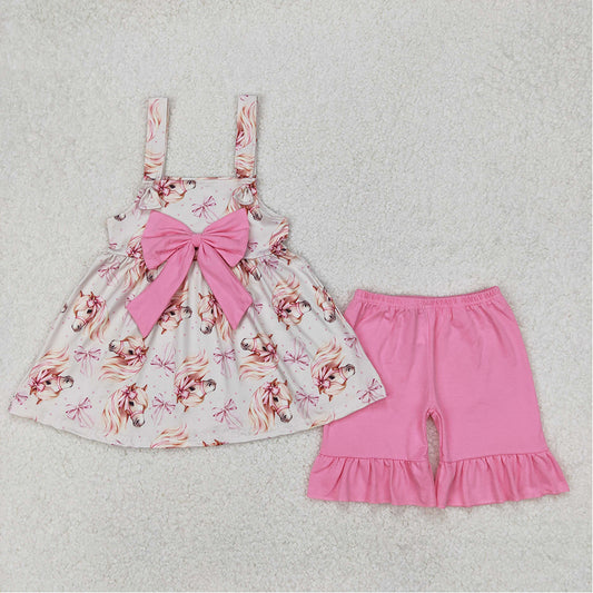 GSSO2100  Baby girl strap horse print shorts set