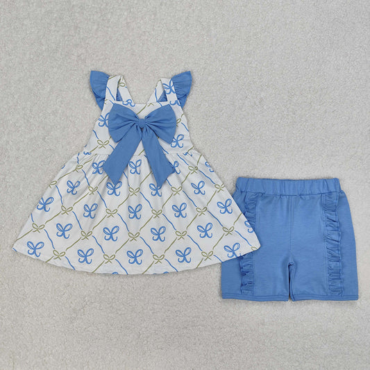 GSSO2109 Baby Girls Blue Bows Tunic Ruffle Shorts Clothes Sets D 3.13